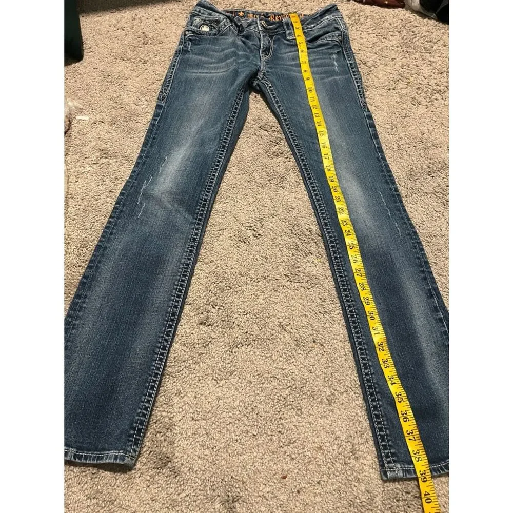 Rock Revival Tori Straight Blue Factory Distressed Denim Jeans Western Rodeo